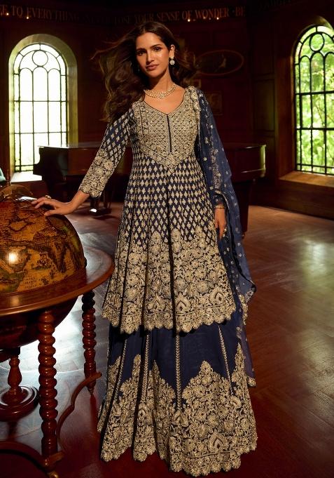 Navy Embroidered Georgette Sharara Set