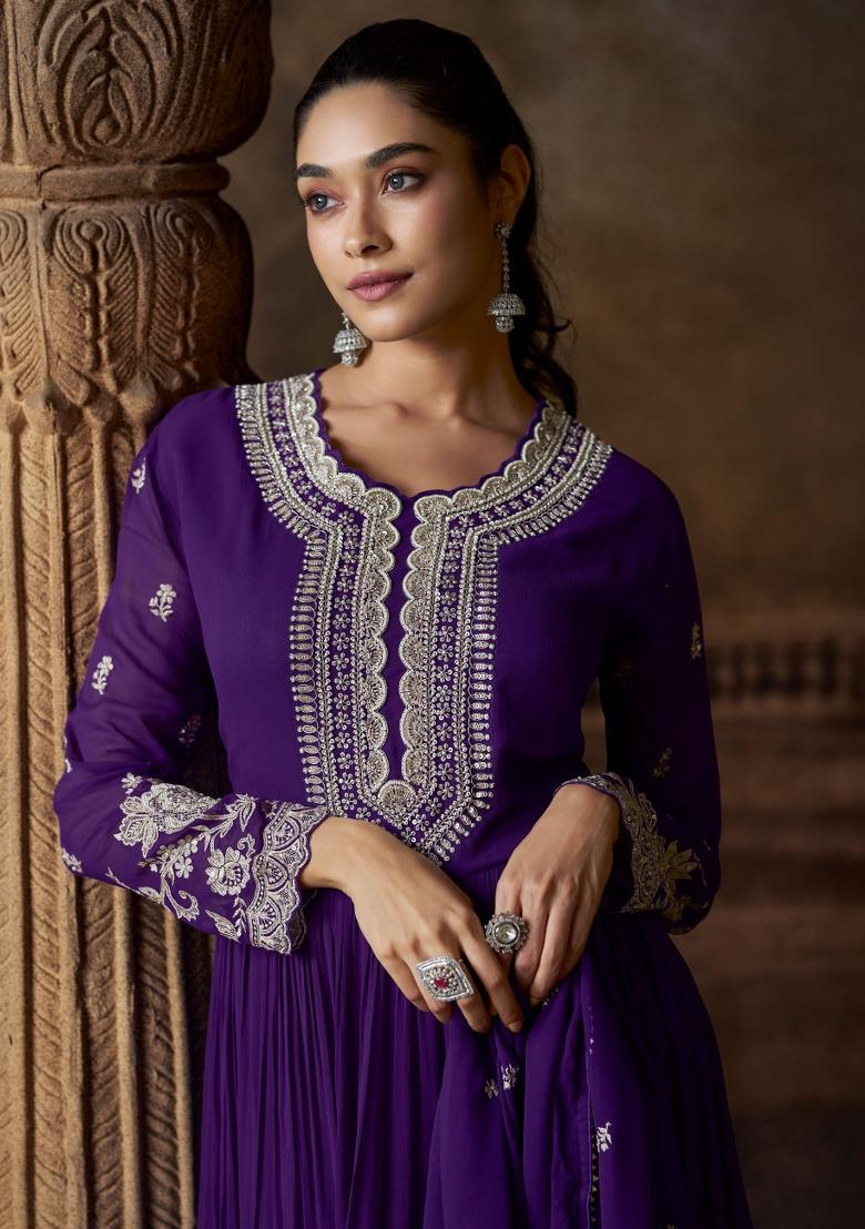 Purple Embroidered Georgette Anarkali Set - Indya