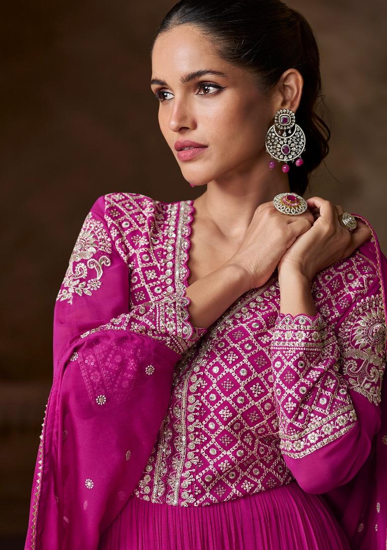 Pink Embroidered Georgette Anarkali Set - Indya