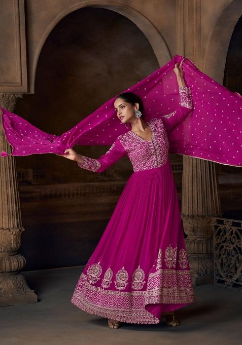 Pink Embroidered Georgette Anarkali Set