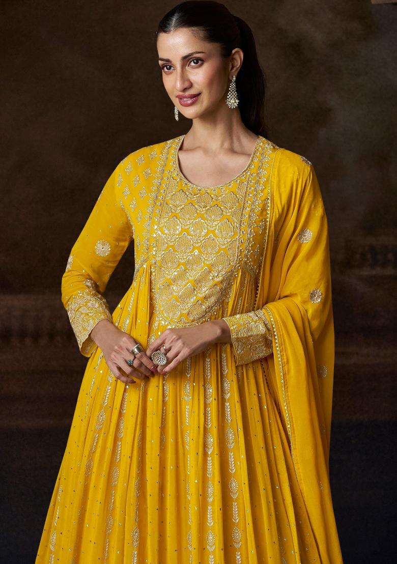 Yellow Embroidered Georgette Anarkali Set - Indya
