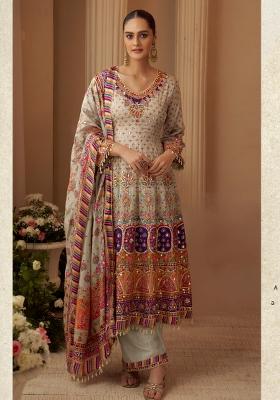 Multi Color Embroidered Creap Silk Blend Salwar Kameez