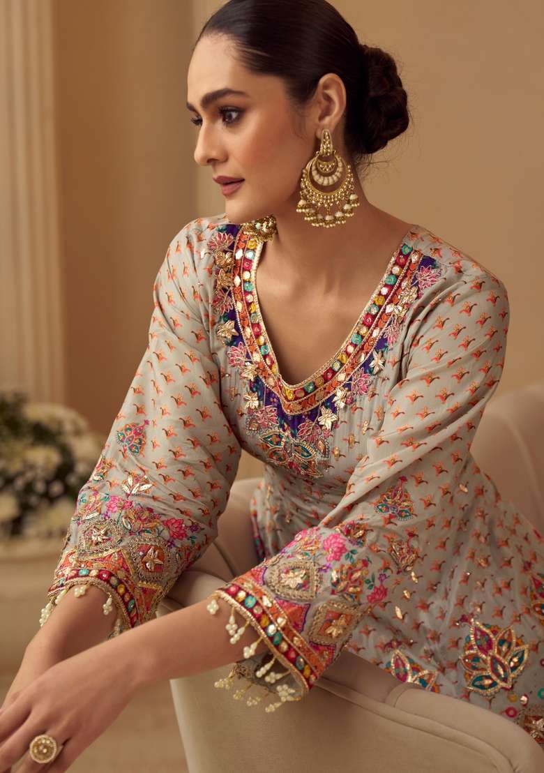 Multi Color Embroidered Creap Silk Blend Salwar Kameez - Indya