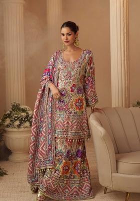 Multi Color Embroidered Creap Silk Blend Salwar Kameez
