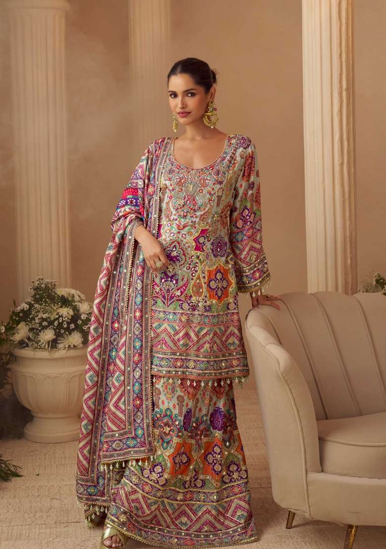 Multi Color Embroidered Creap Silk Blend Salwar Kameez - Indya