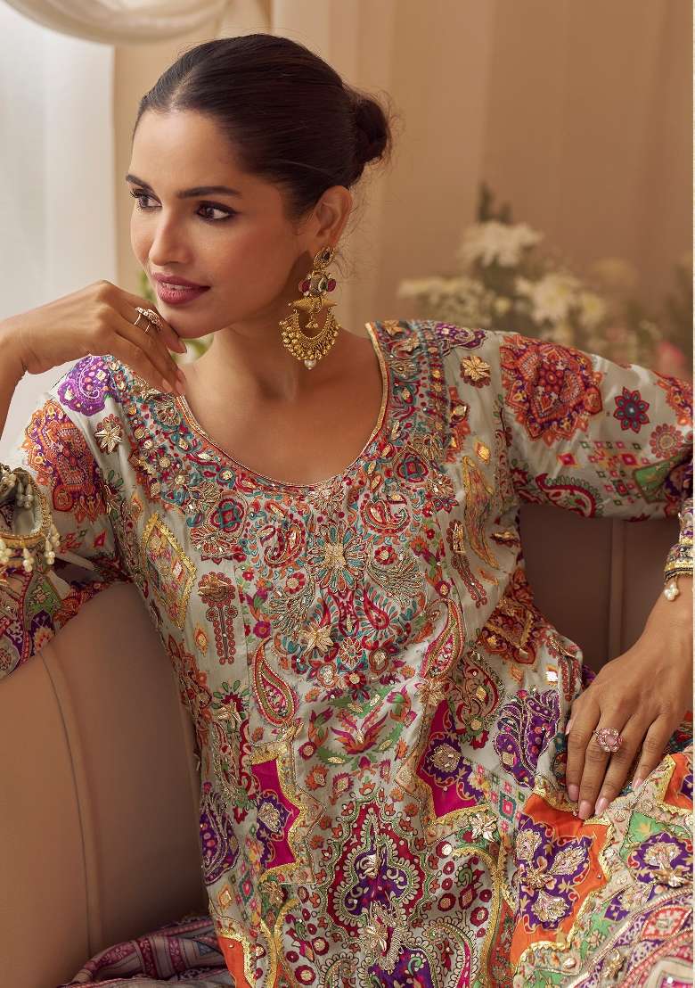 Multi Color Embroidered Creap Silk Blend Salwar Kameez - Indya