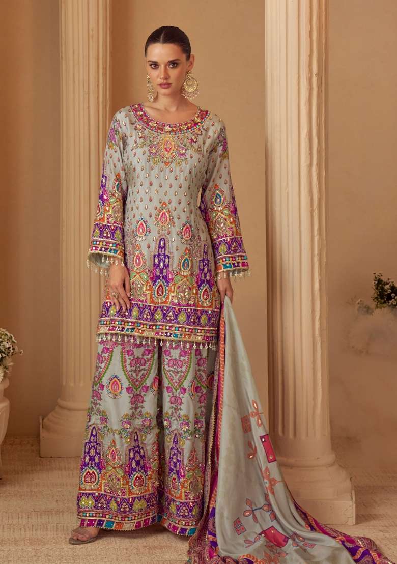 Multi Color Embroidered Creap Silk Salwar Kameez - Indya
