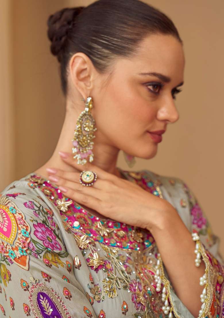 Multi Color Embroidered Creap Silk Salwar Kameez - Indya