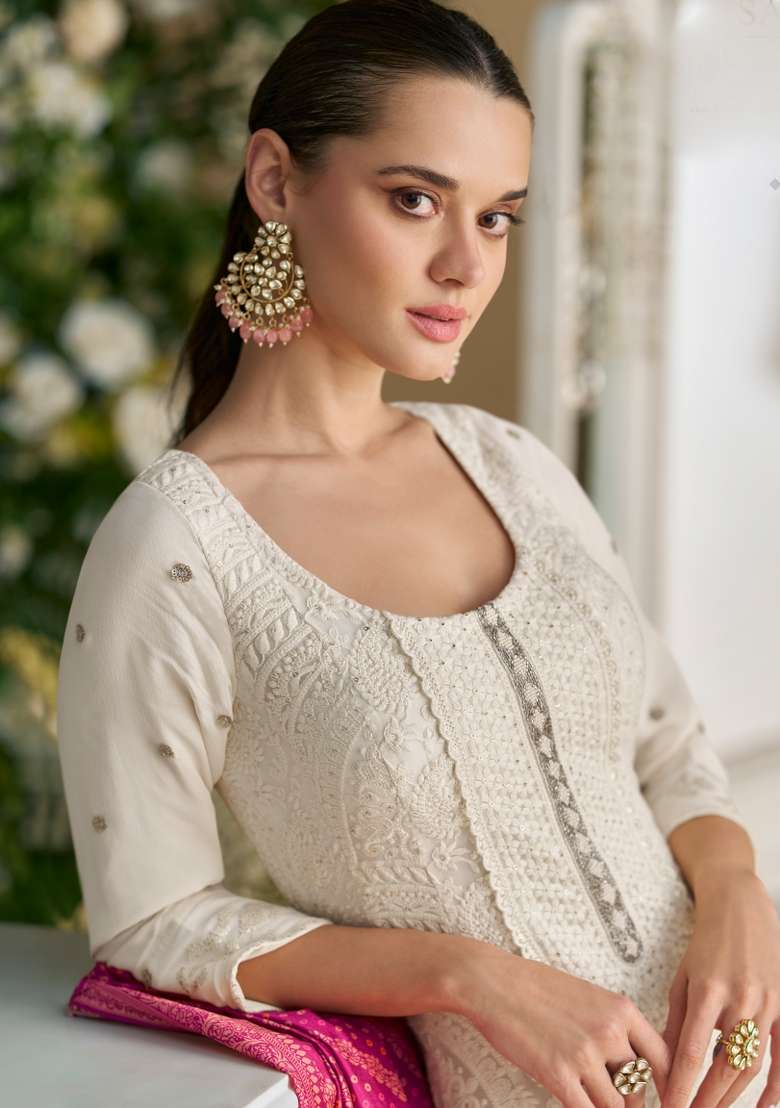 White Embroidered Georgette Anarkali Set - Indya