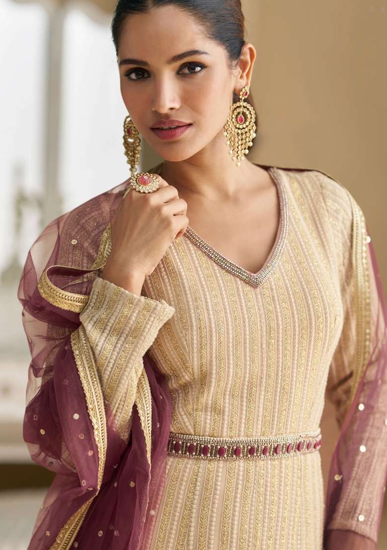 Beige Embroidered Georgette Anarkali Set - Indya