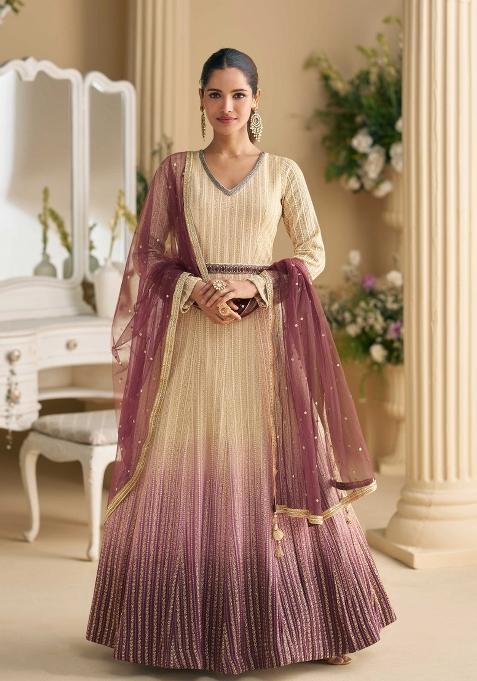Beige Embroidered Georgette Anarkali Set