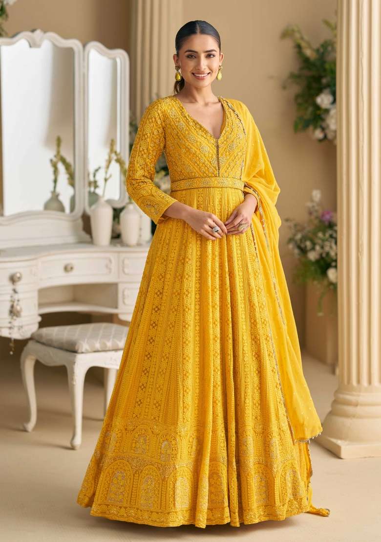 Yellow Chikankari Georgette Anarkali Set - Indya