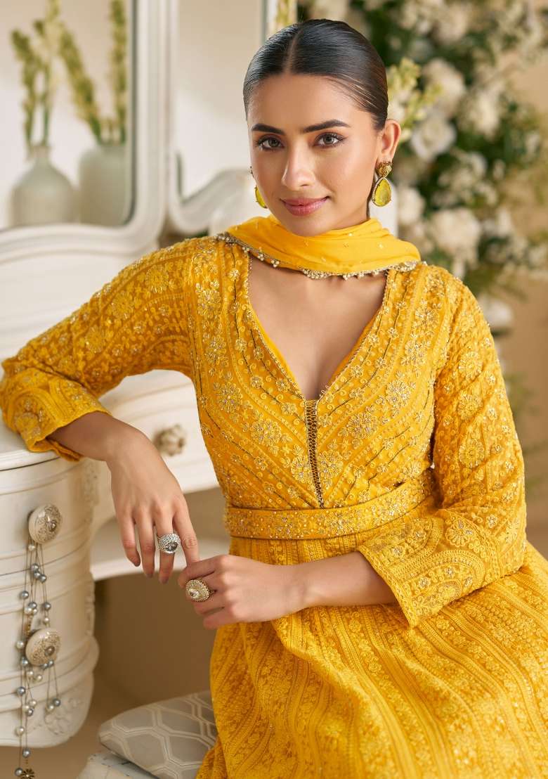 Yellow Chikankari Georgette Anarkali Set - Indya