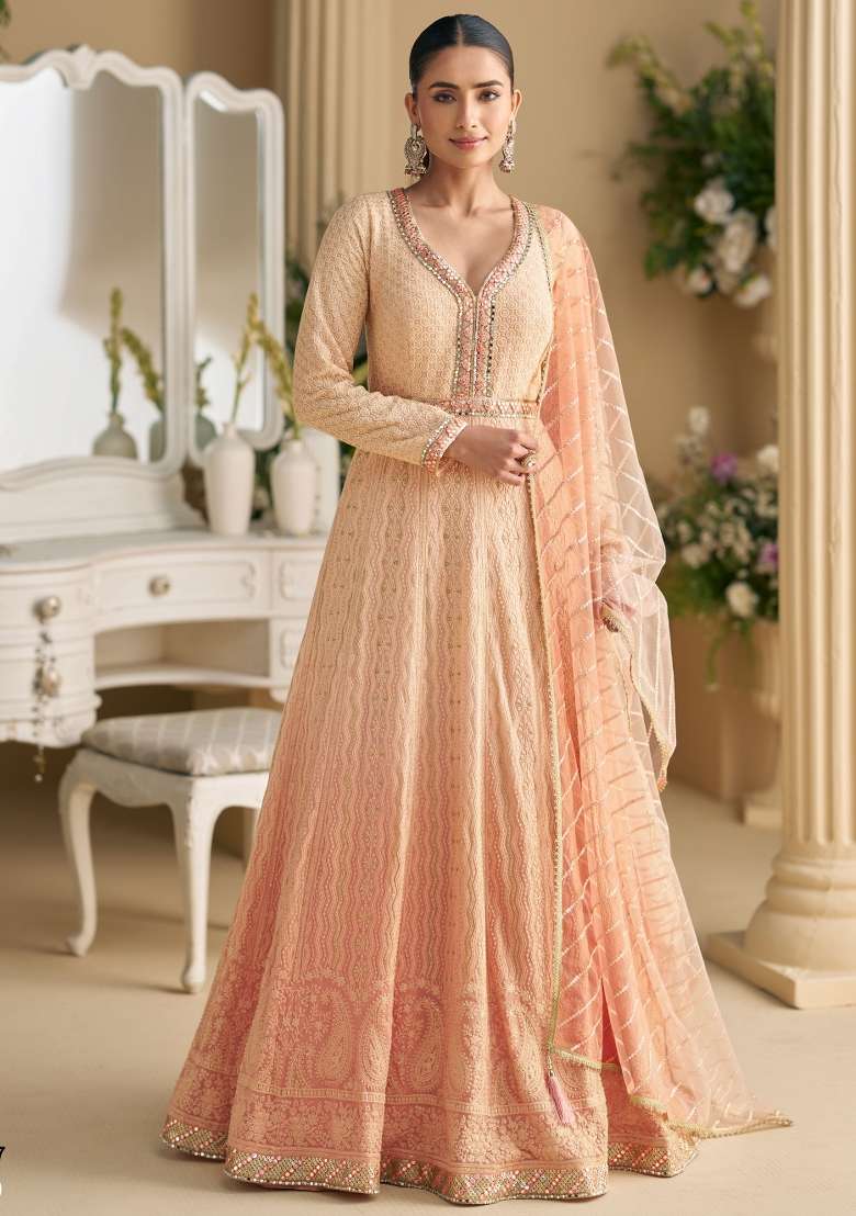 Peach Embroidered Georgette Anarkali Set - Indya