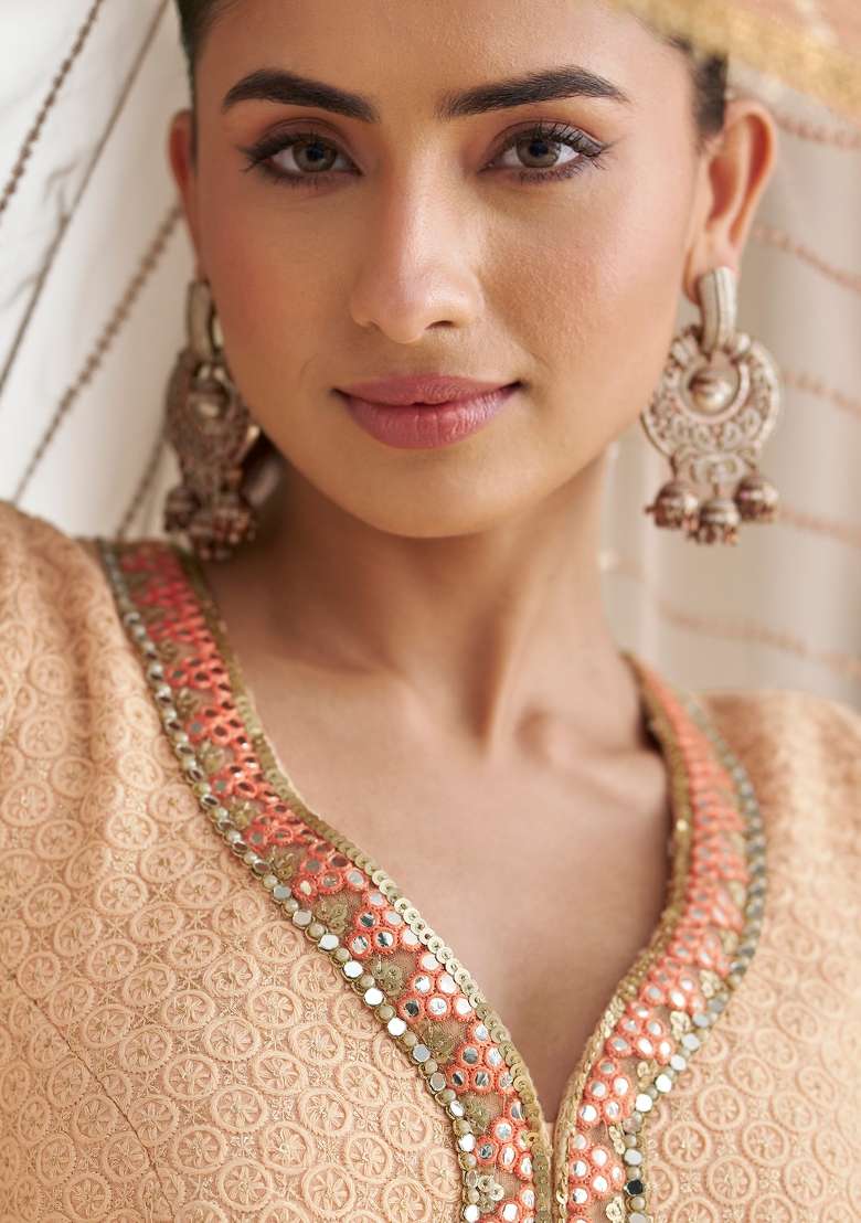 Peach Embroidered Georgette Anarkali Set - Indya