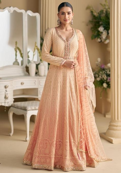 Peach Embroidered Georgette Anarkali Set