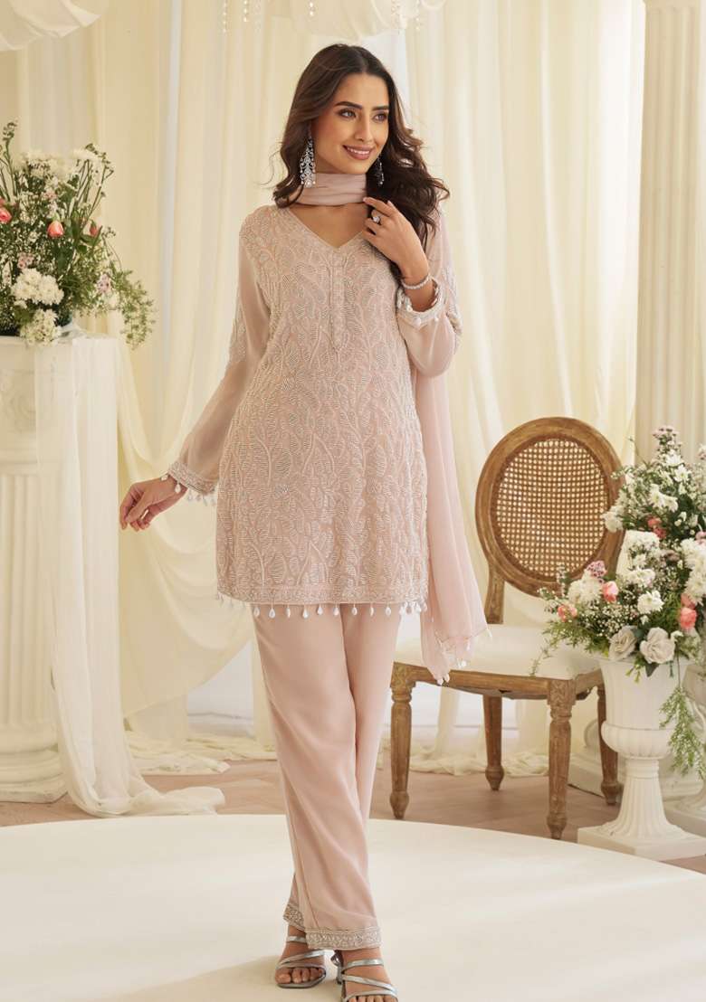 Dusty Pink Embroidered Georgette Salwar Kameez - Indya