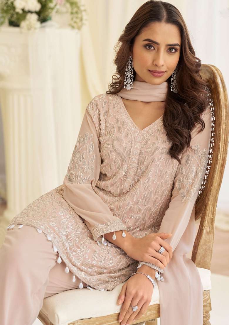 Dusty Pink Embroidered Georgette Salwar Kameez - Indya