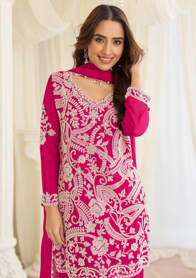 Megenta Embroidered Georgette Salwar Kameez - Indya
