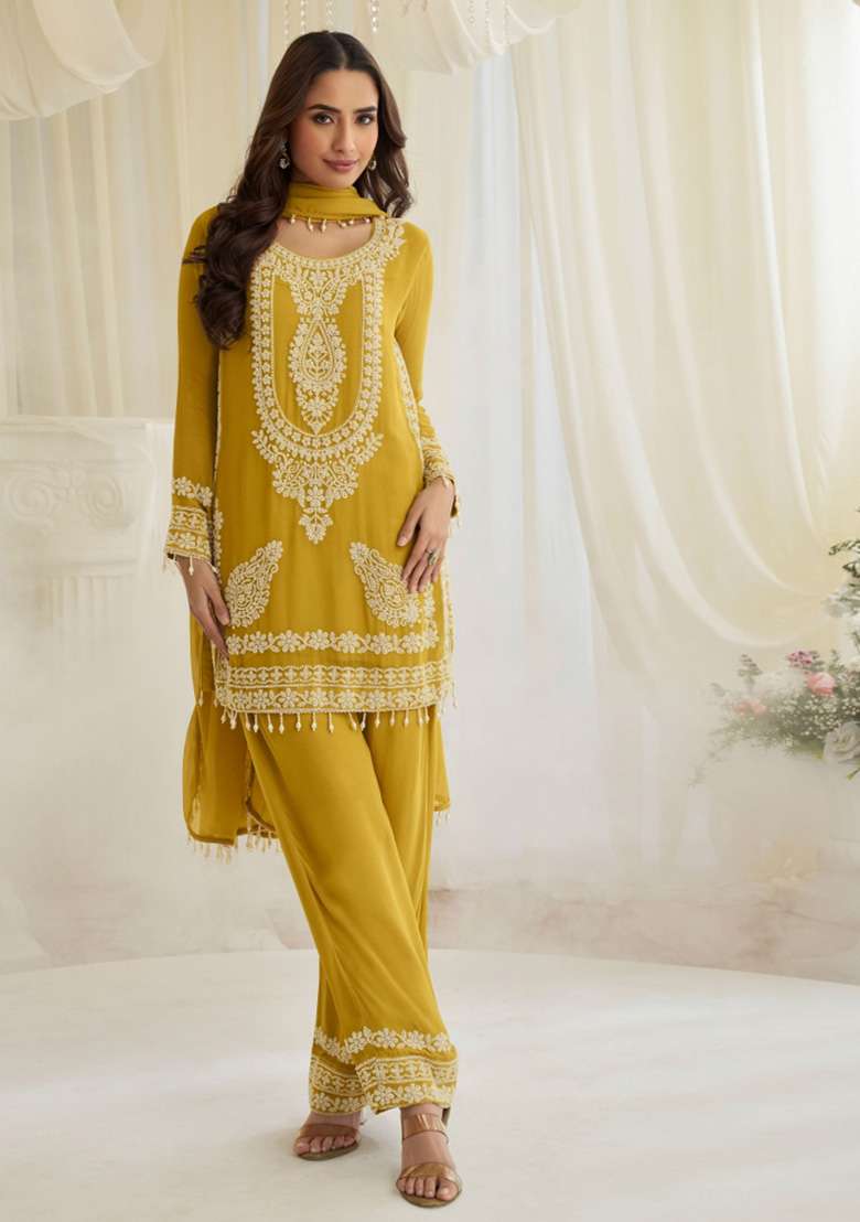 Yellow Embroidered Georgette Salwar Kameez - Indya