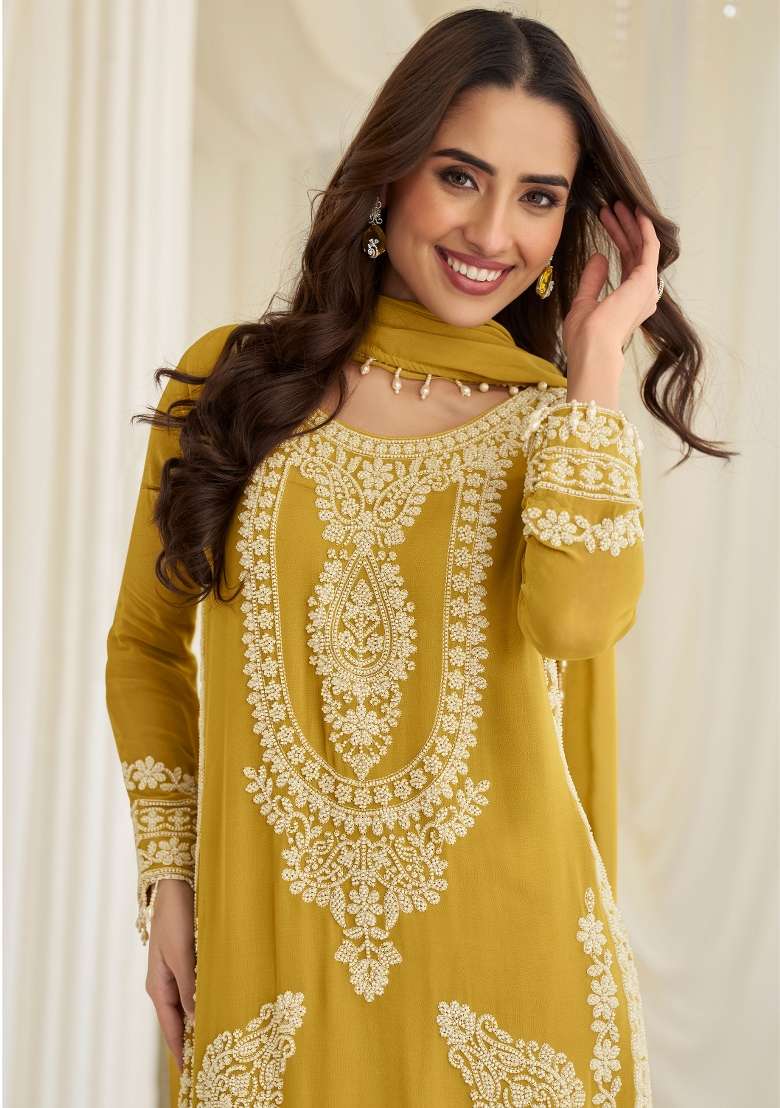Yellow Embroidered Georgette Salwar Kameez - Indya