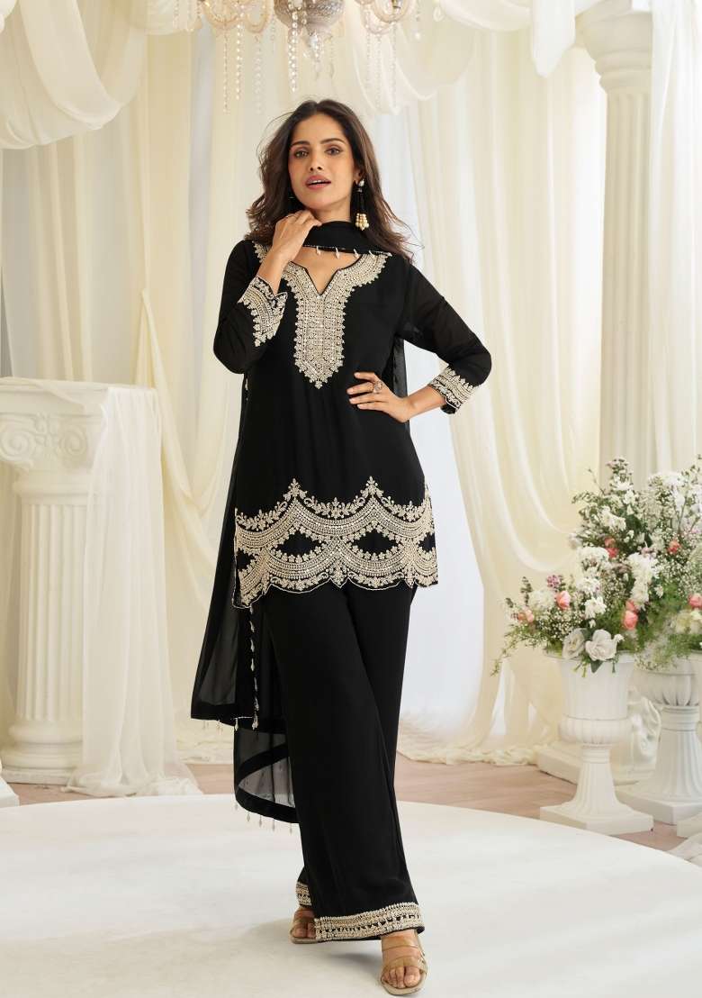 Black Embroidered Georgette Salwar Kameez - Indya
