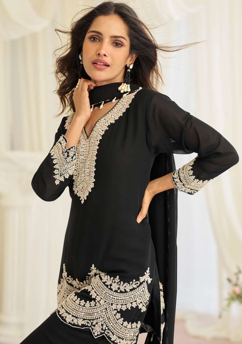 Black Embroidered Georgette Salwar Kameez - Indya