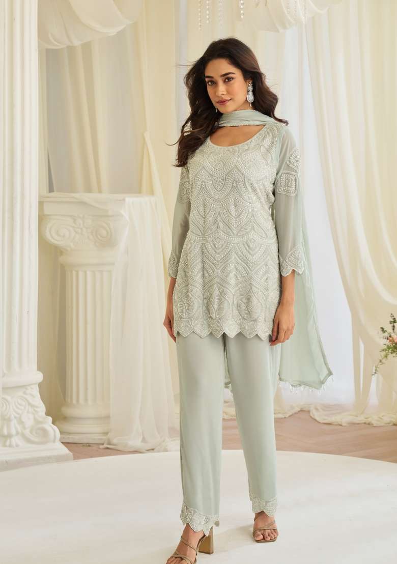 Sea Green Embroidered Georgette Salwar Kameez - Indya
