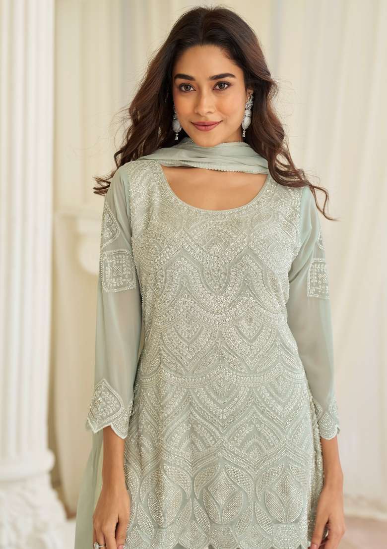 Sea Green Embroidered Georgette Salwar Kameez - Indya