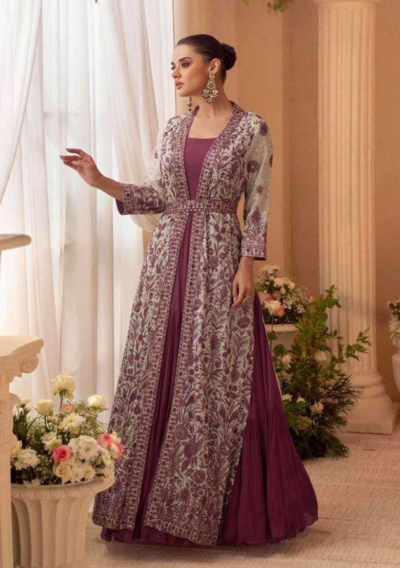 Wine Embroidered Silk Blend Anarkali Set - Indya