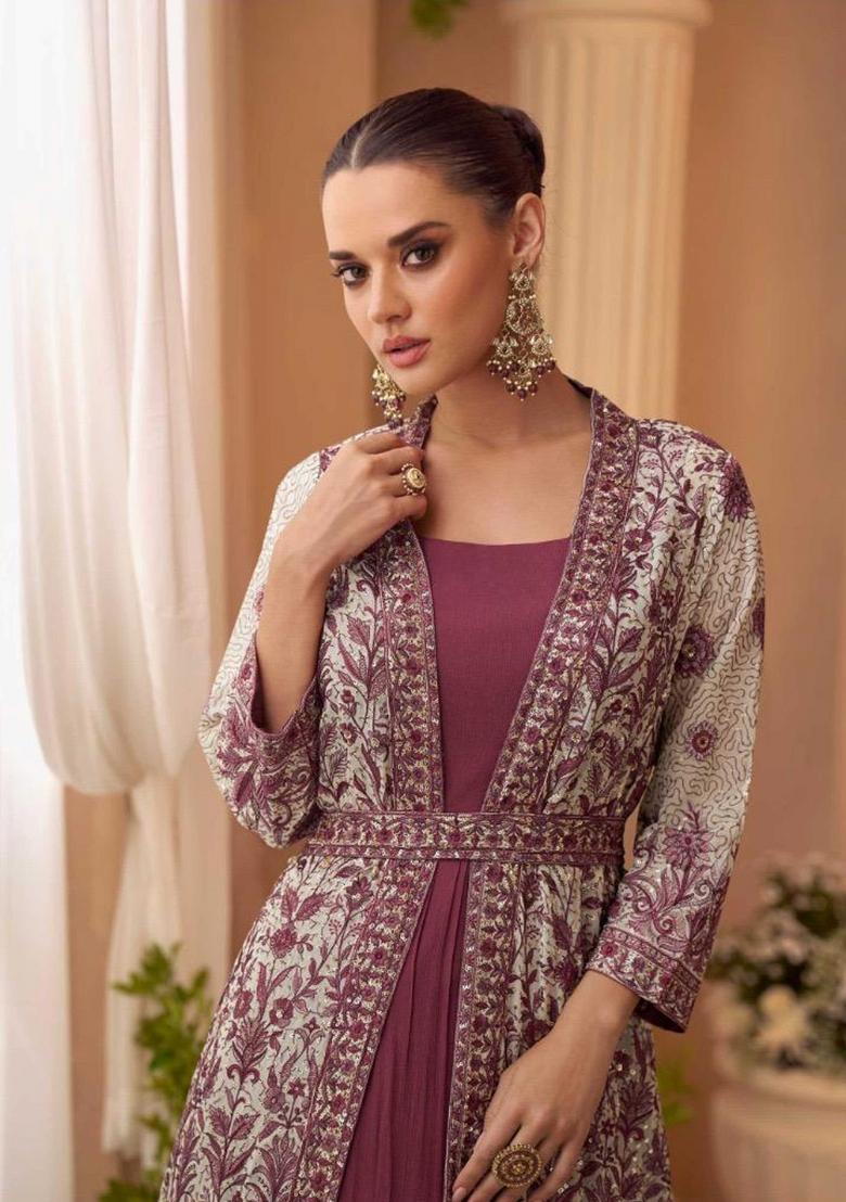 Wine Embroidered Chinnon Silk Anarkali Set - Indya