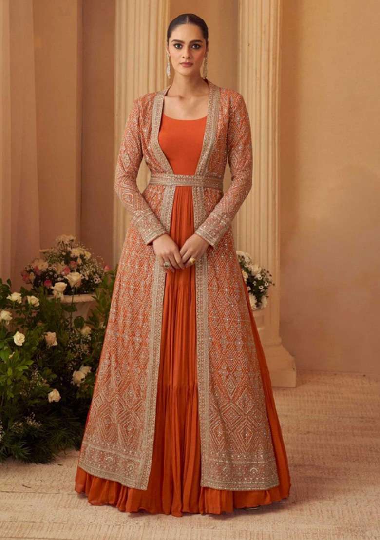 Rust Orange Embroidered Chinon Anarkali Set - Indya