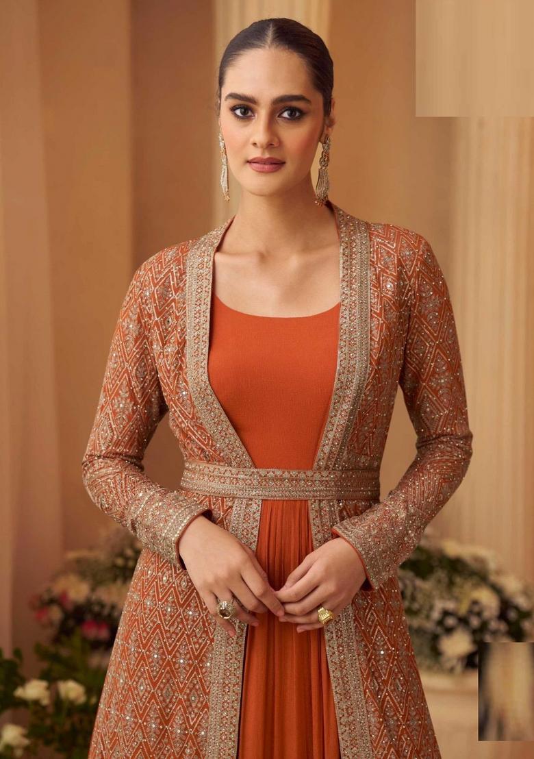 Rust Orange Embroidered Chinnon Silk Anarkali Set - Indya
