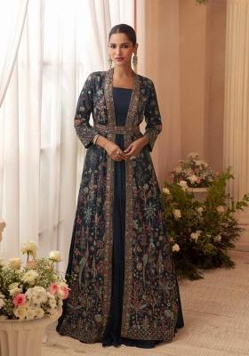 Navy Blue Embroidered Chinnon Silk Anarkali Set