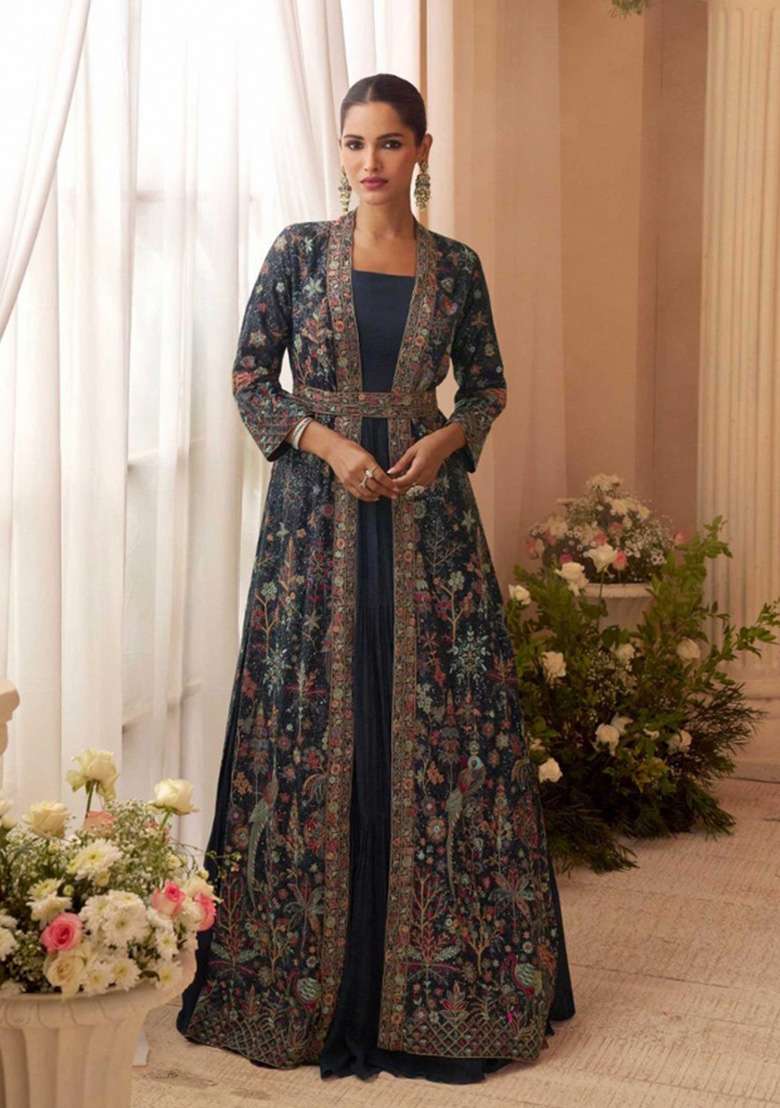 Navy Blue Embroidered Chinon Anarkali Set - Indya