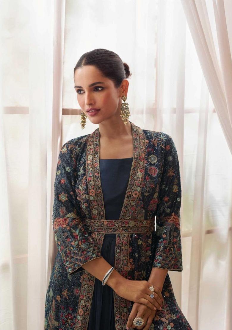 Navy Blue Embroidered Chinnon Silk Anarkali Set - Indya