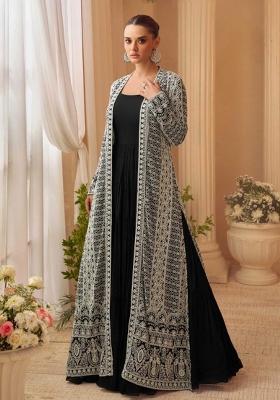 Black Embroidered Chinnon Silk Anarkali Set