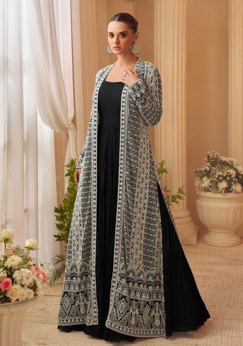 Black Embroidered Silk Blend Anarkali Set - Indya