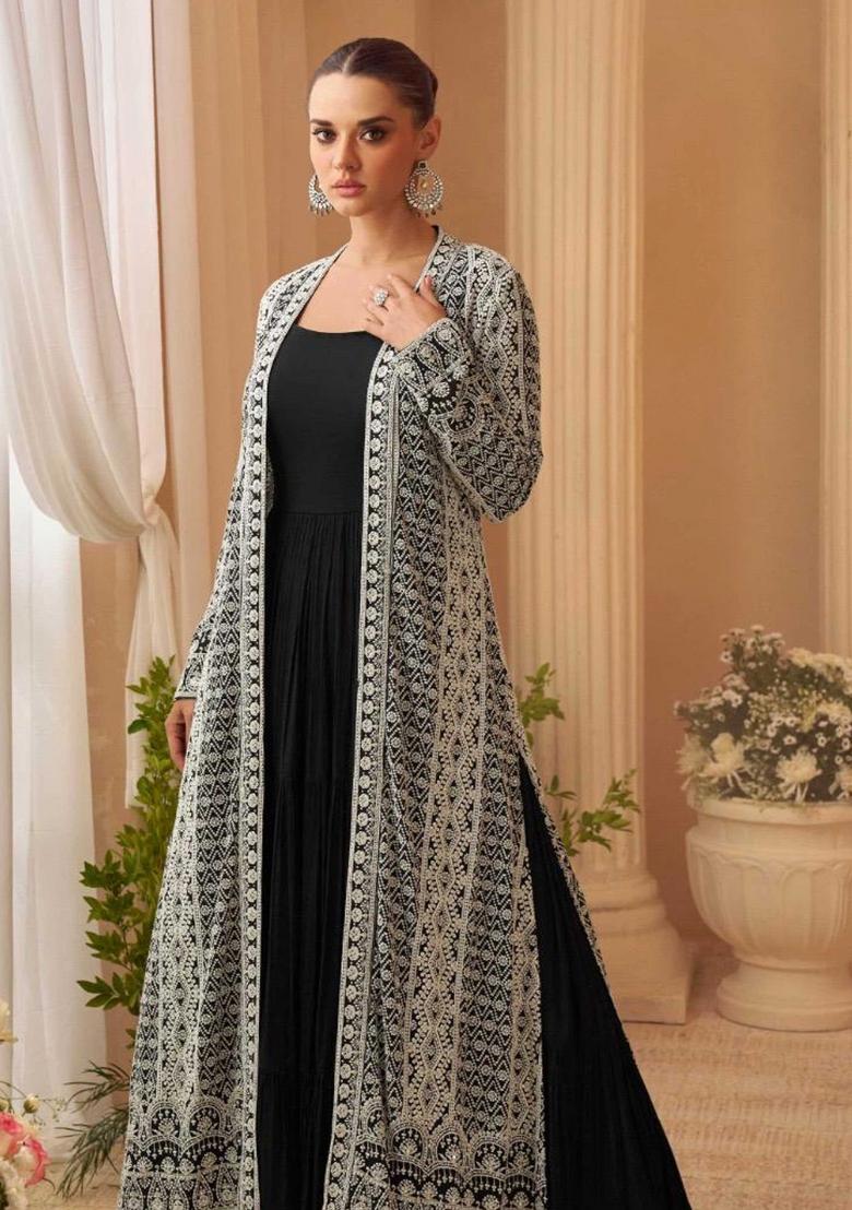 Black Embroidered Chinnon Silk Anarkali Set - Indya