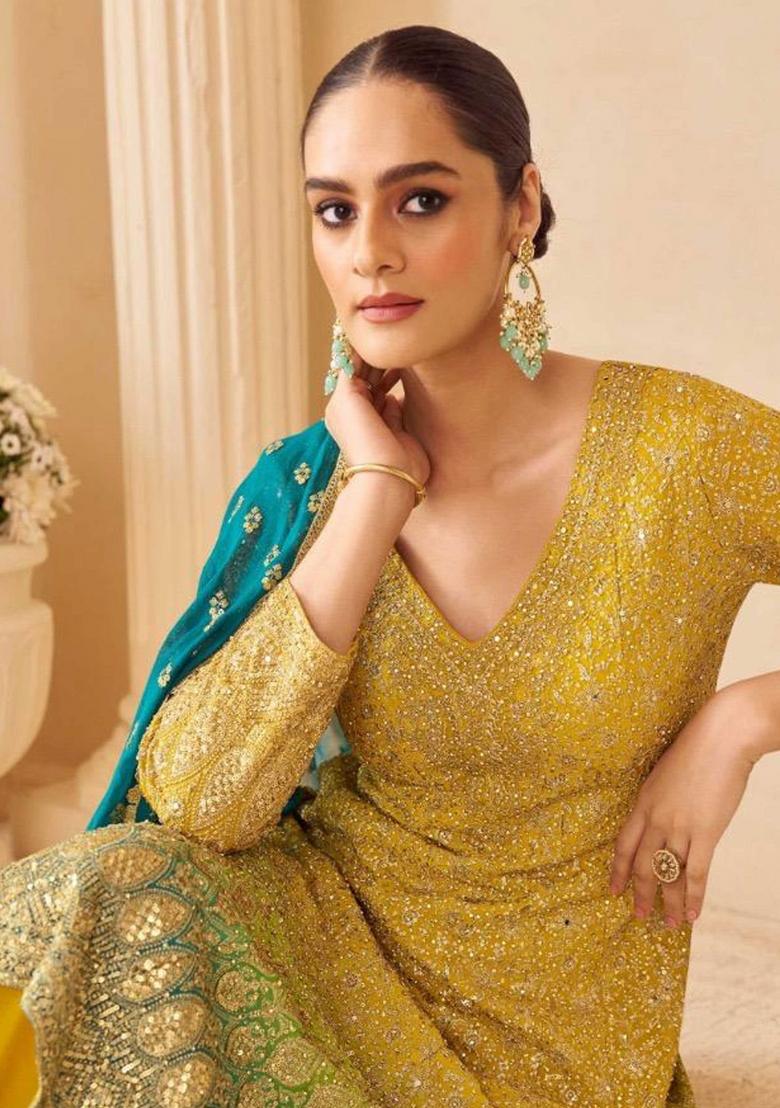 Lime Green Ombre Embroidered Georgette Salwar Kameez - Indya