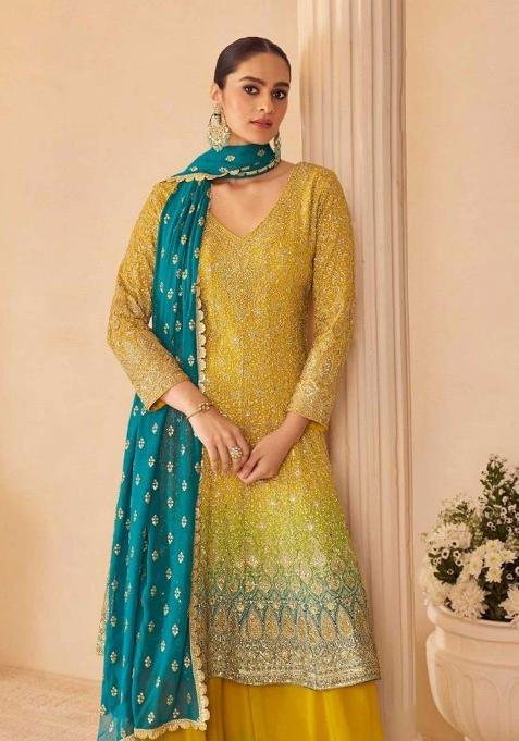 Lime Green Ombre Embroidered Georgette Salwar Kameez