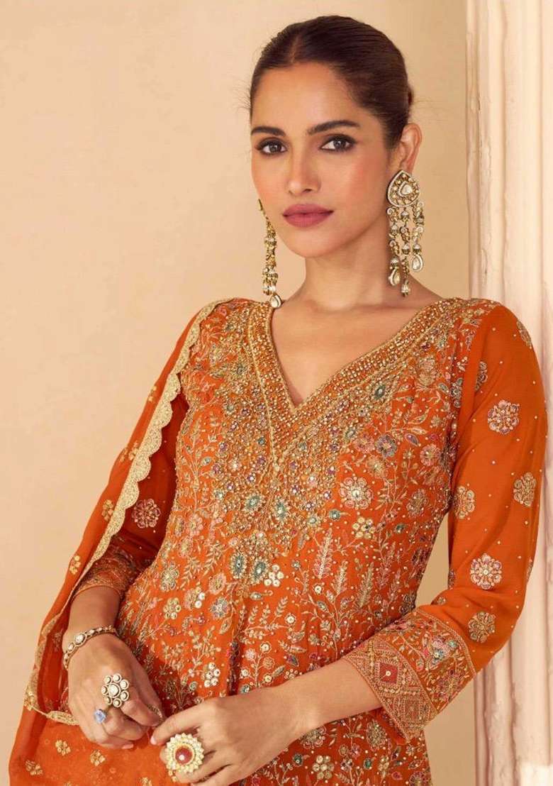 Rust Orange Embroidered Georgette Sharara Set - Indya