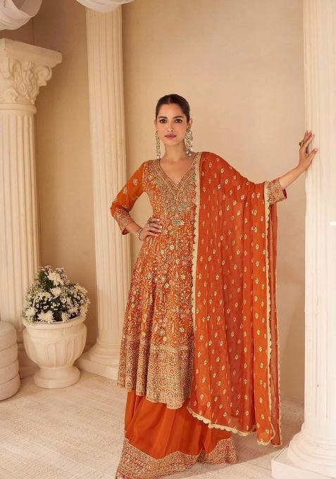 Rust Orange Embroidered Georgette Salwar Kameez