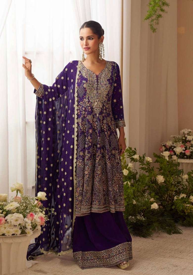 Deep Purple Embroidered Georgette Sharara Set - Indya