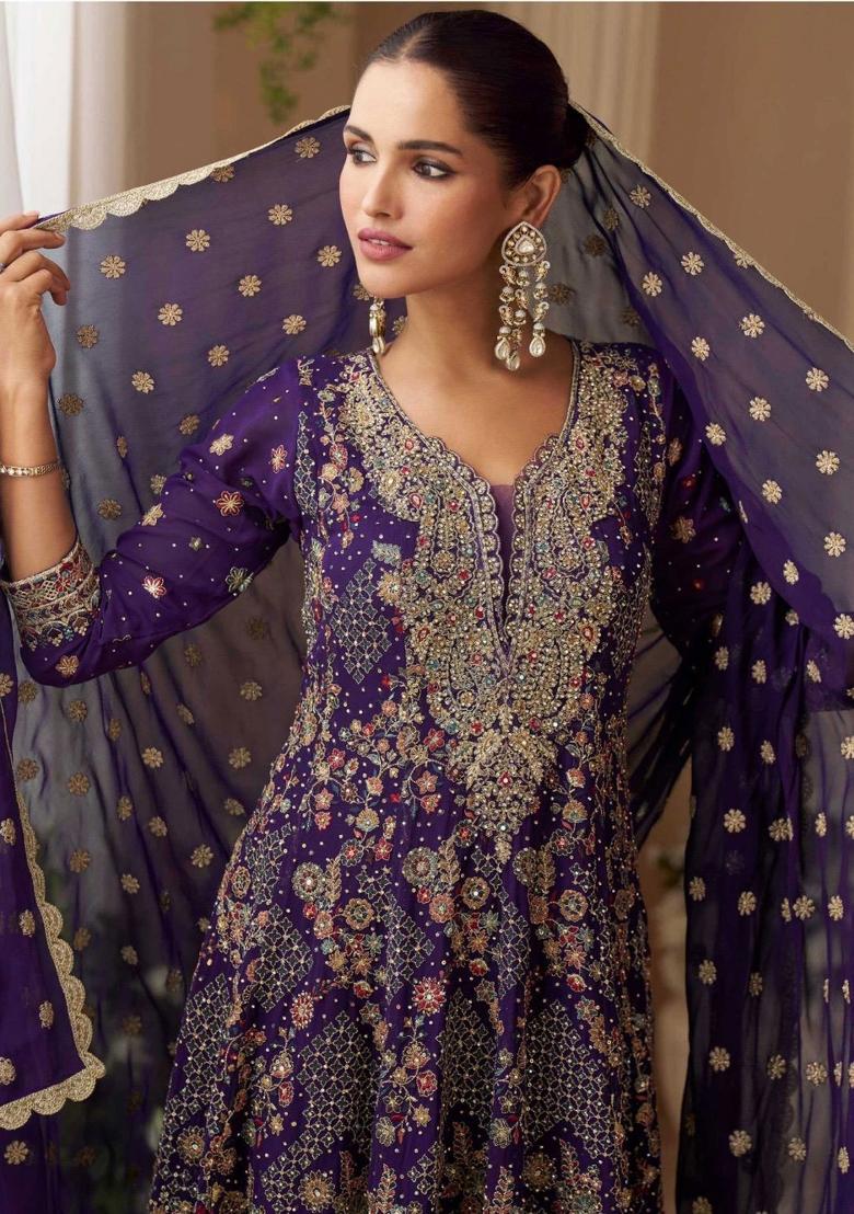 Deep Purple Embroidered Georgette Salwar Kameez - Indya