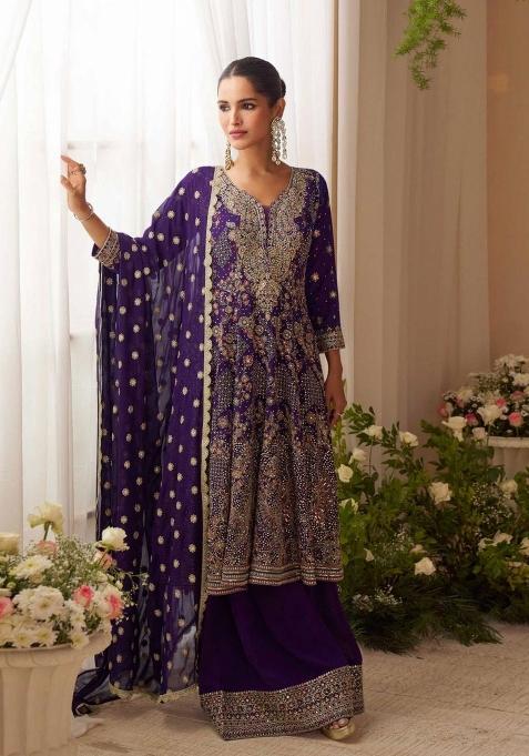 Deep Purple Embroidered Georgette Salwar Kameez