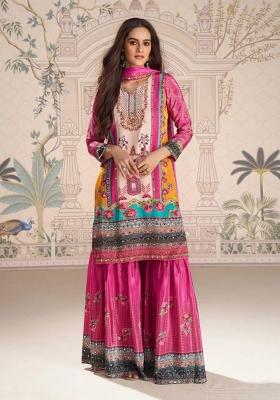 Pink Printed Creap Silk Sharara Set