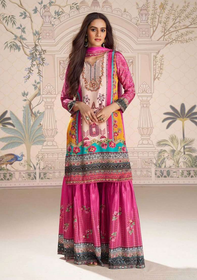 Pink Printed Silk Blend Sharara Set - Indya