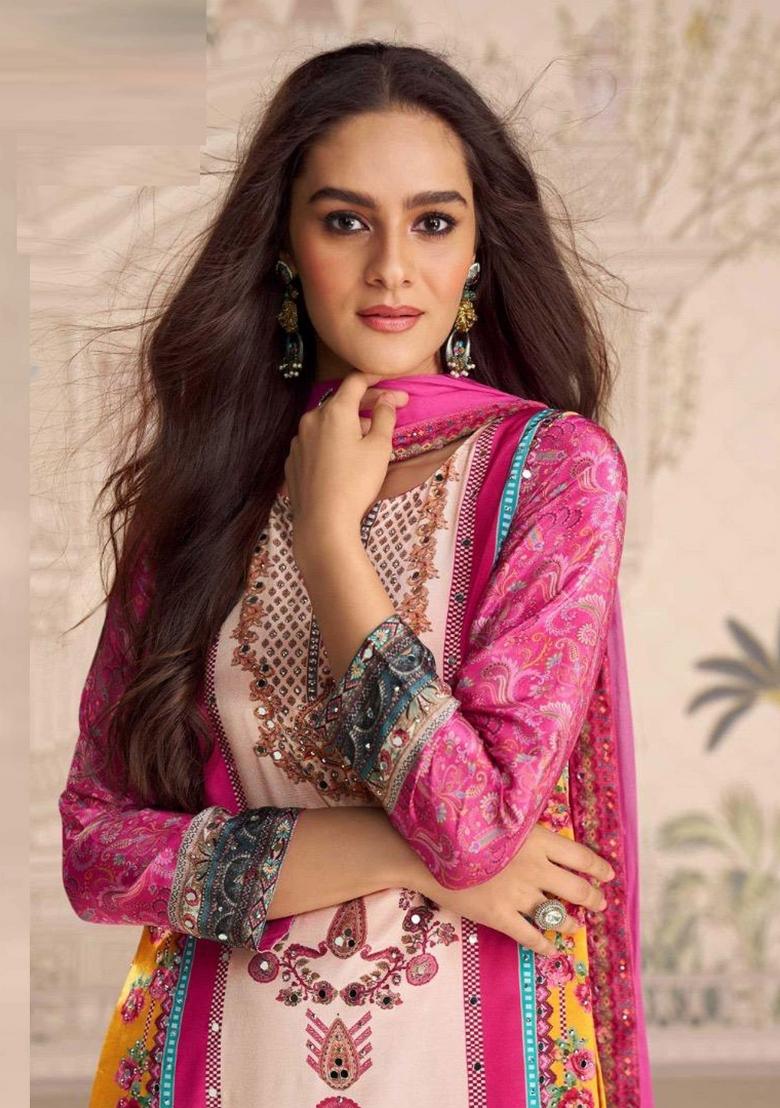 Pink Printed Creap Silk Sharara Set - Indya