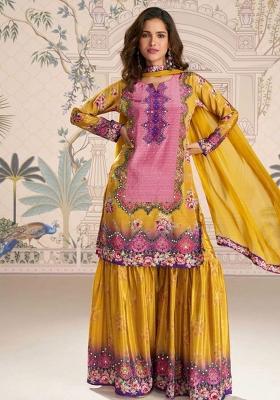 Mustard Yellow Printed Creap Silk Sharara Set